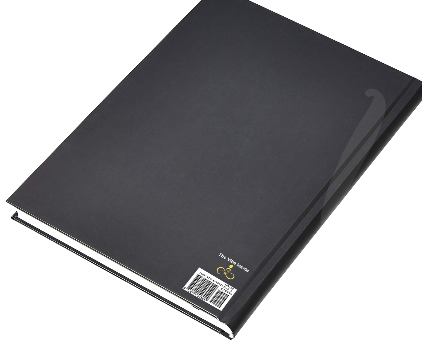 Black notebook with a barcode label on a white background