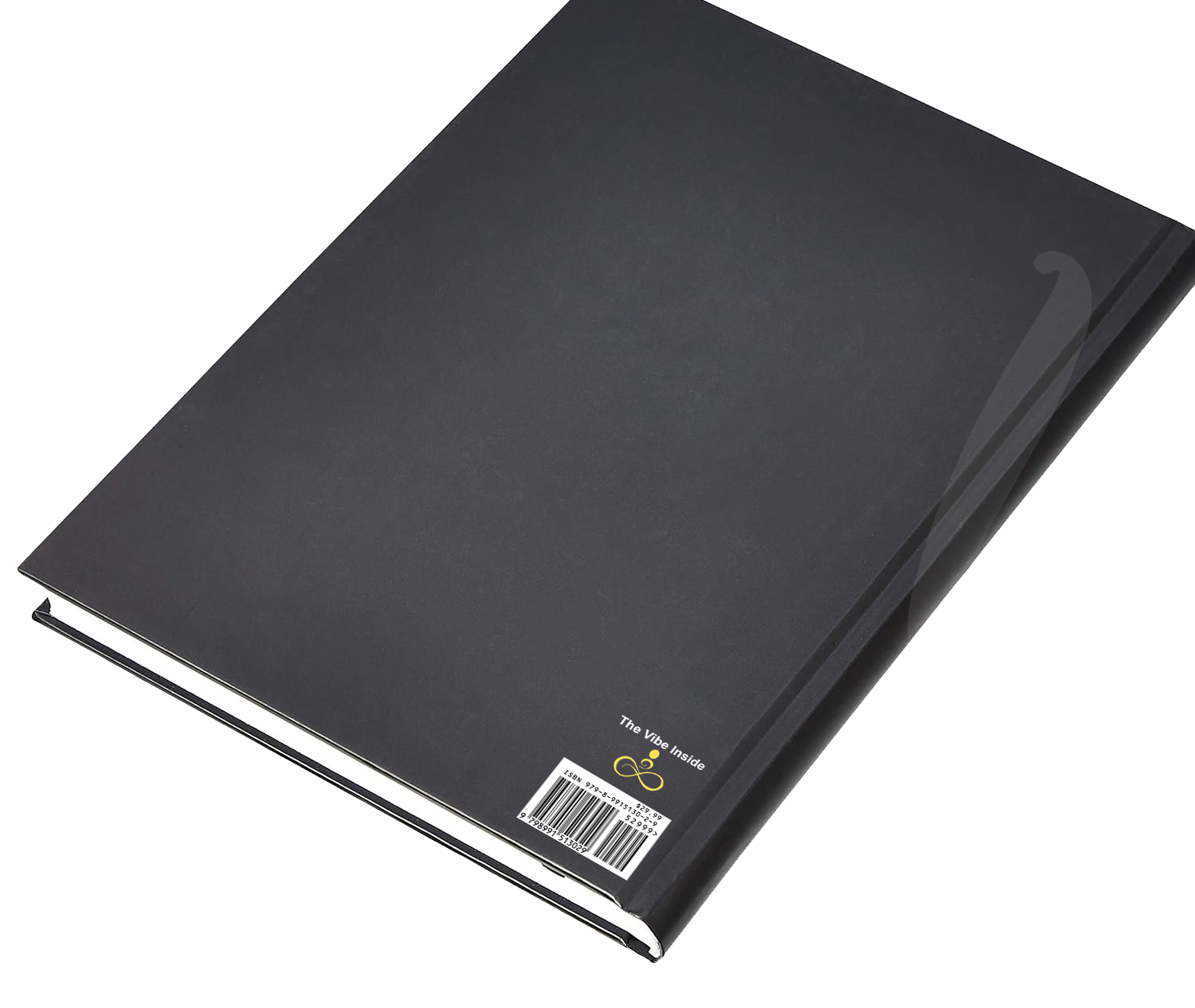Black notebook with a barcode label on a white background